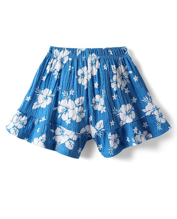 Babyhug 100% Cotton Single Jersey Knit Half Sleeves Top & Shorts Co-Ords Set With Floral Print - Blue