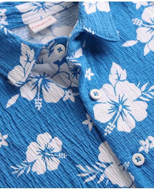 Babyhug 100% Cotton Single Jersey Knit Half Sleeves Top & Shorts Co-Ords Set With Floral Print - Blue