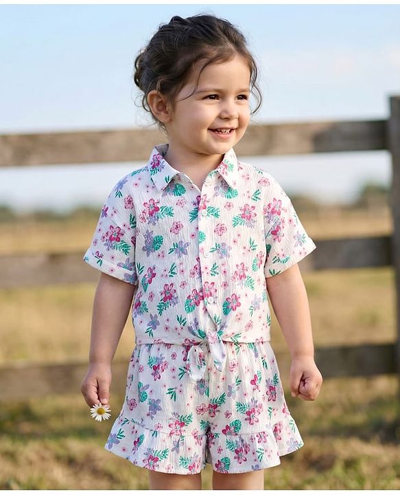 Babyhug Single Jersey Knit Half Sleeves Top & Shorts Set With Floral Print - White