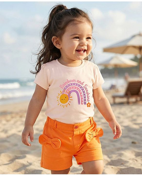 Babyhug 100% Cotton Single Jersey Knit Half Sleeves T-Shirt & twill Shorts Set with Rainbow Print & Bow Applique - Orange