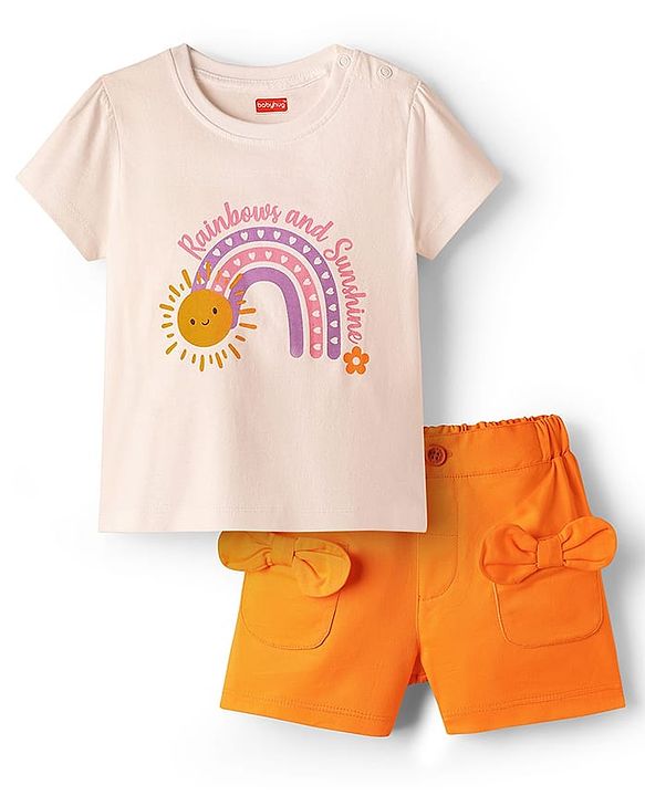 Babyhug 100% Cotton Single Jersey Knit Half Sleeves T-Shirt & twill Shorts Set with Rainbow Print & Bow Applique - Orange