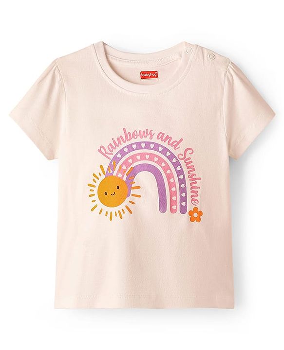 Babyhug 100% Cotton Single Jersey Knit Half Sleeves T-Shirt & twill Shorts Set with Rainbow Print & Bow Applique - Orange
