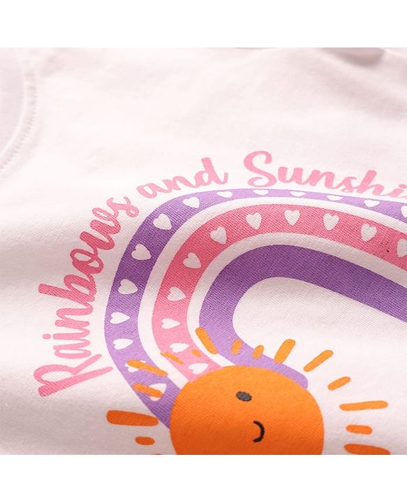 Babyhug 100% Cotton Single Jersey Knit Half Sleeves T-Shirt & twill Shorts Set with Rainbow Print & Bow Applique - Orange