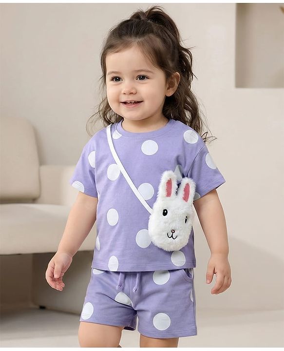Babyhug 100% Cotton Single Jersey Knit Half Sleeves Top & Shorts Co-ord Set with Bunny Sling Bag & Polka Dot Print - Lilac