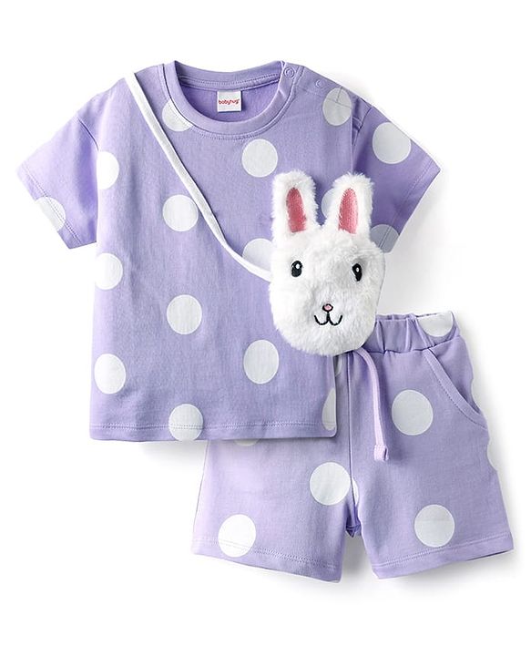 Babyhug 100% Cotton Single Jersey Knit Half Sleeves Top & Shorts Co-ord Set with Bunny Sling Bag & Polka Dot Print - Lilac