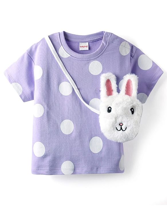 Babyhug 100% Cotton Single Jersey Knit Half Sleeves Top & Shorts Co-ord Set with Bunny Sling Bag & Polka Dot Print - Lilac