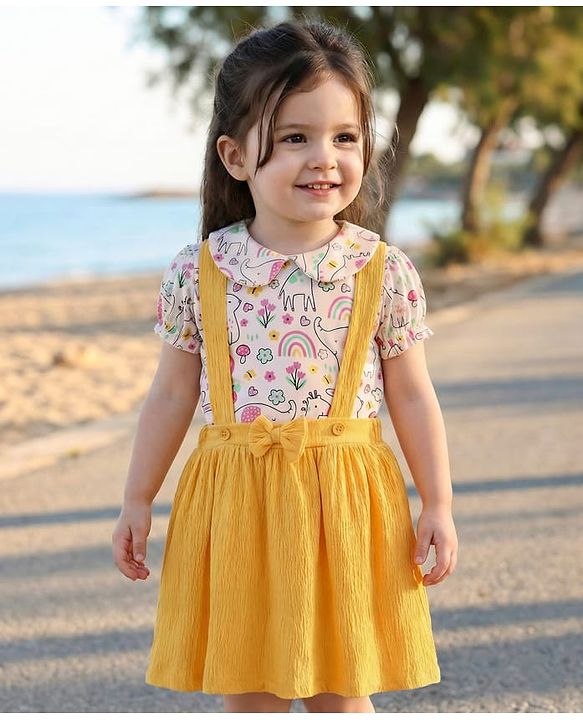 Babyhug Single Jersey Knit Half Puffed Sleeves Top & Skirt Set with Bow Applique & Jungle Theme Print - Yellow