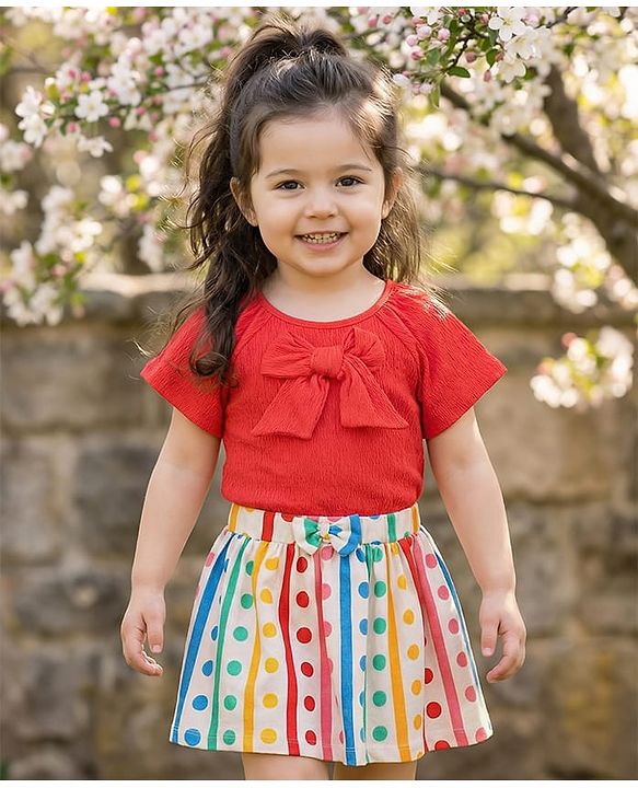 Babyhug Single Jersey Knit Half Raglan Sleeves Top & Skirt Set with Bow Applique & Polka Dots Print - Red