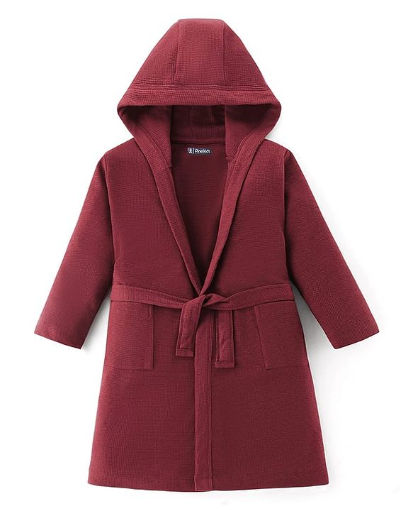 Pine Kids Cotton Knit Full Sleeves Solid Color Hooded  Bath Robe - Maroon