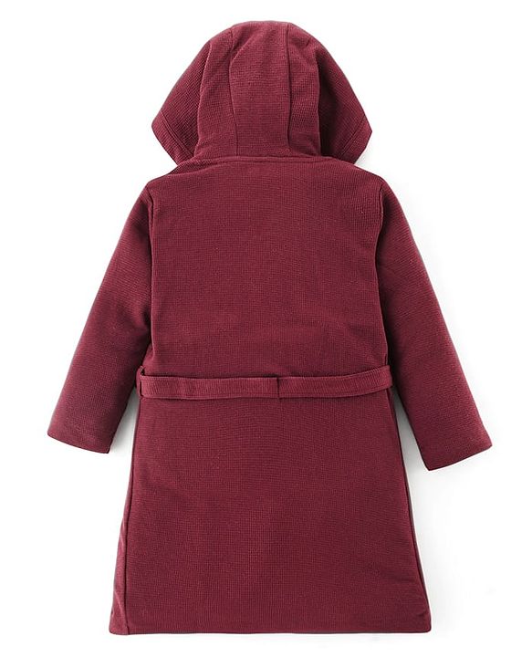 Pine Kids Cotton Knit Full Sleeves Solid Color Hooded  Bath Robe - Maroon