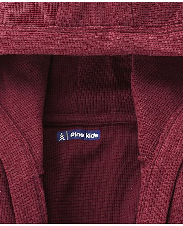 Pine Kids Cotton Knit Full Sleeves Solid Color Hooded  Bath Robe - Maroon