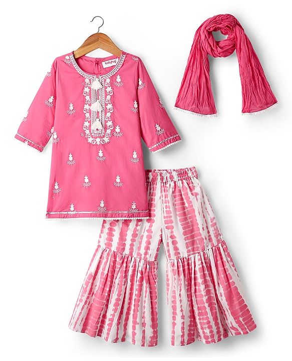 Babyhug Cotton Woven Full Sleeves Kurta Gharara Set With Dupatta & Floral Embroidered - Pink