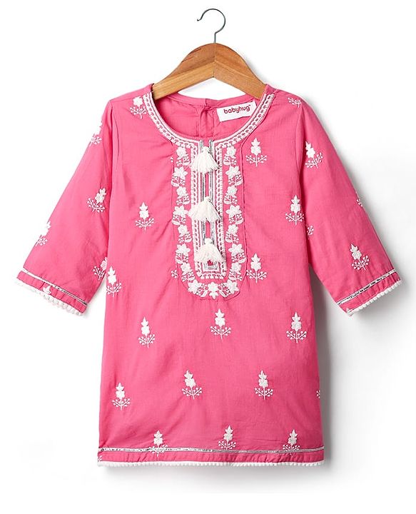 Babyhug Cotton Woven Full Sleeves Kurta Gharara Set With Dupatta & Floral Embroidered - Pink