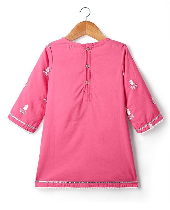 Babyhug Cotton Woven Full Sleeves Kurta Gharara Set With Dupatta & Floral Embroidered - Pink