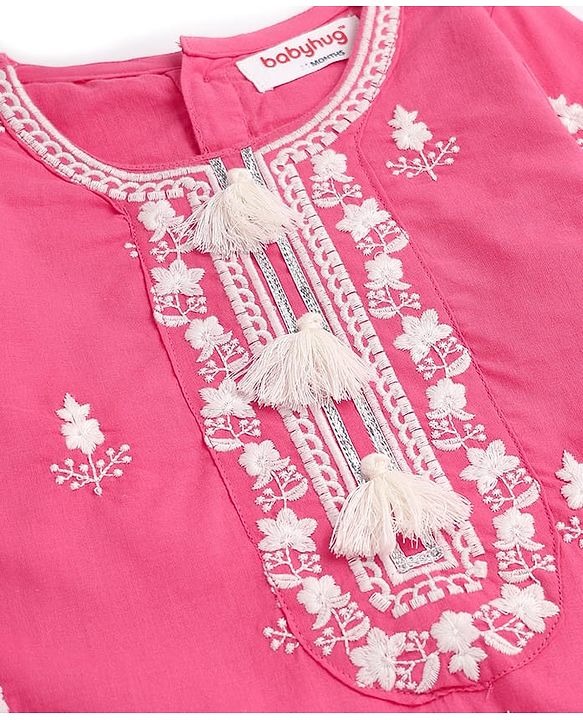 Babyhug Cotton Woven Full Sleeves Kurta Gharara Set With Dupatta & Floral Embroidered - Pink