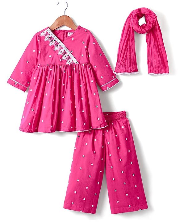 Babyhug Cotton Woven Full Sleeves Embriodered Kurta Pallazo Set With Dupatta - Pink