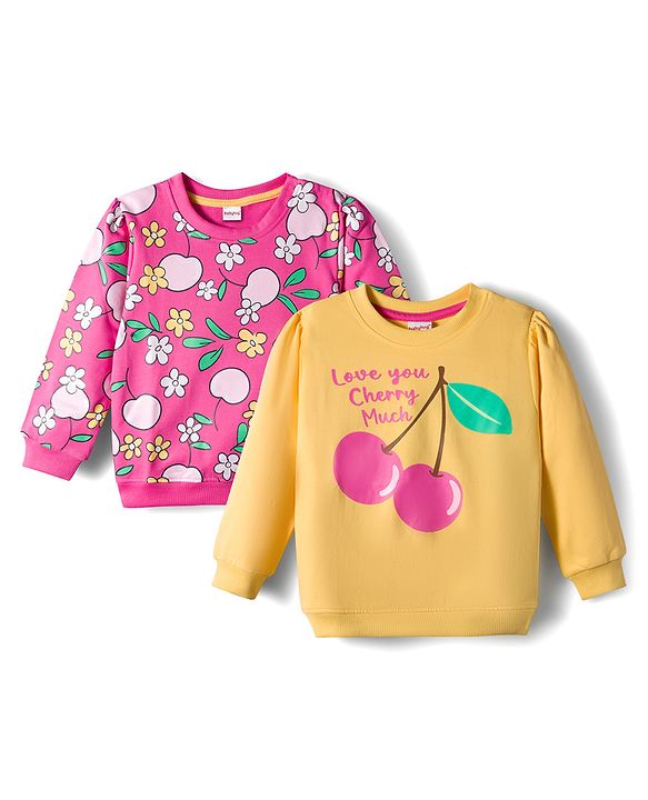 Babyhug Cotton Knit Full Sleeves Sweatshirts with Floral & Fruit Print Pack of 2 - Yellow & Pink