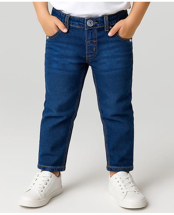 Babyhug Cotton Denim Full Length Washed Jeans With Stretch - Dark Blue