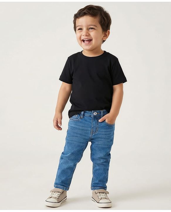 Babyhug Cotton Denim Full Length Washed Jeans With Stretch - Blue