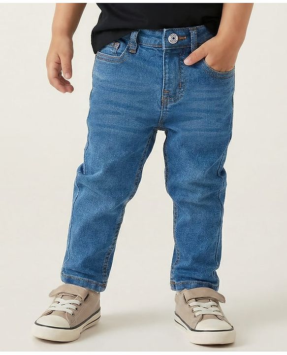 Babyhug Cotton Denim Full Length Washed Jeans With Stretch - Blue