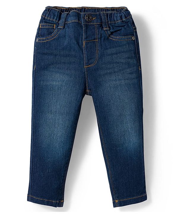 Babyhug Denim Full Length Washed Slim Fit Jeans With Stretch - Dark Blue