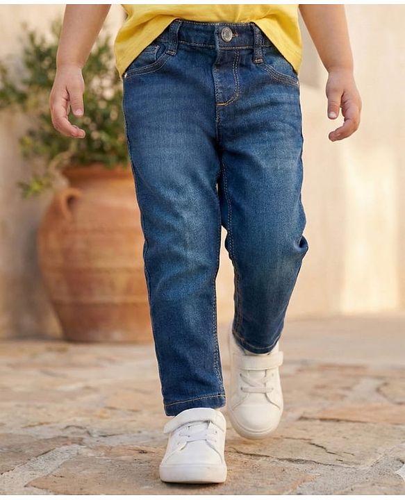 Babyhug Denim Full Length Washed Jeans with Stretch - Navy Blue