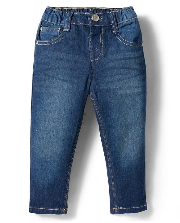 Babyhug Denim Full Length Washed Jeans with Stretch - Navy Blue