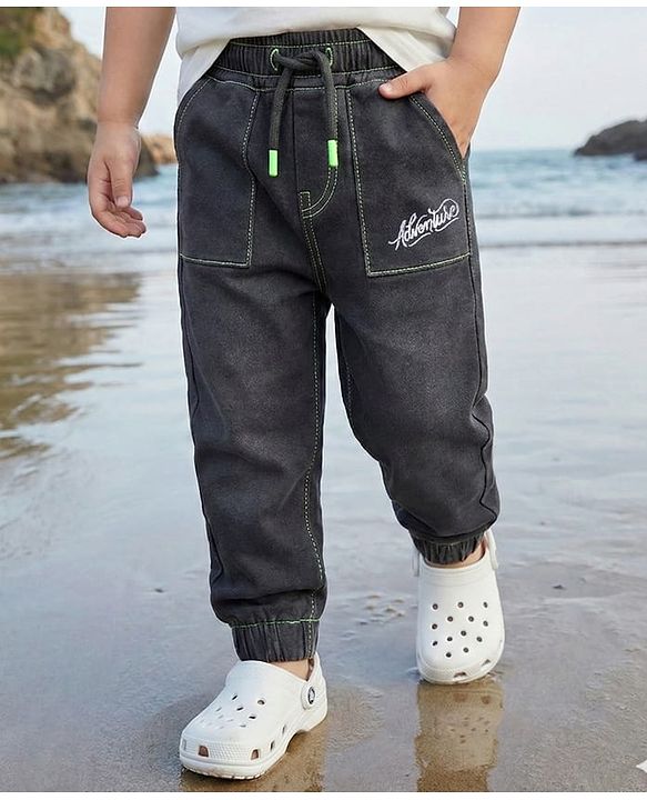 Babyhug Denim Full Length Washed Jeans With Stretch & Text Embriodery - Black
