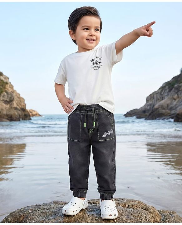 Babyhug Denim Full Length Washed Jeans With Stretch & Text Embriodery - Black