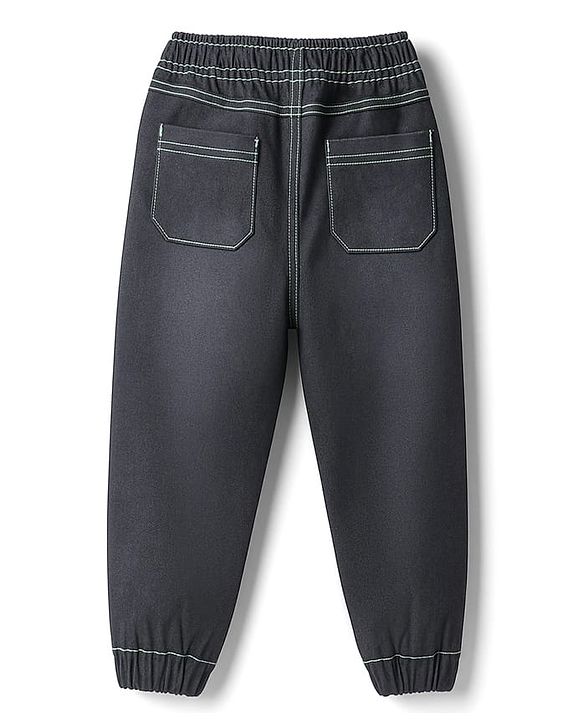 Babyhug Denim Full Length Washed Jeans With Stretch & Text Embriodery - Black