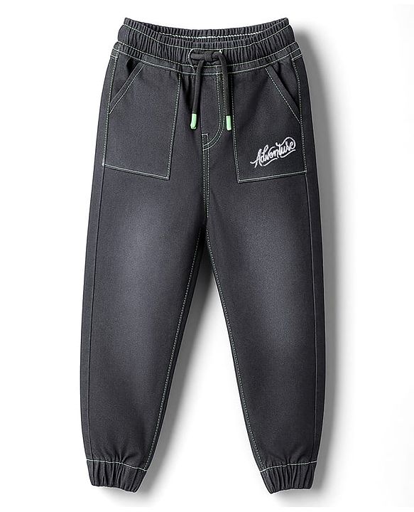 Babyhug Denim Full Length Washed Jeans With Stretch & Text Embriodery - Black