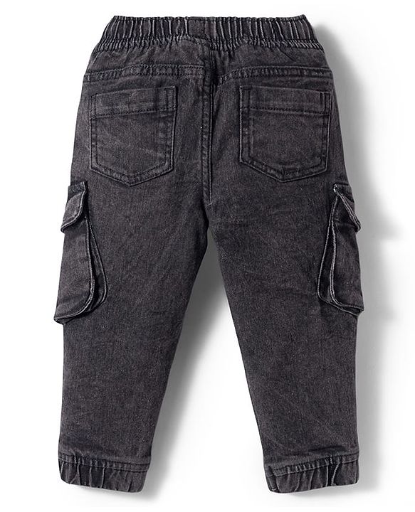 Babyhug Denim Full Length Washed Joggers With Stretch Cut & Sew With Cargo Pockets - Black