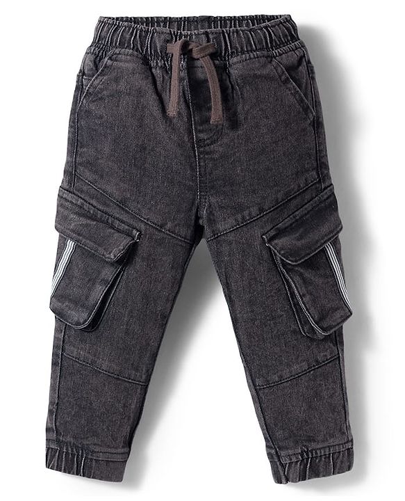 Babyhug Denim Full Length Washed Joggers With Stretch Cut & Sew With Cargo Pockets - Black