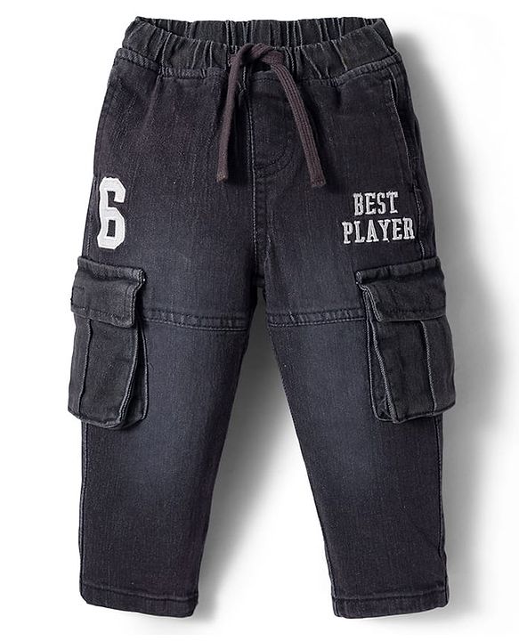 Babyhug Denim Full Length Washed Jogger With Stretch & Text Embroidery - Black