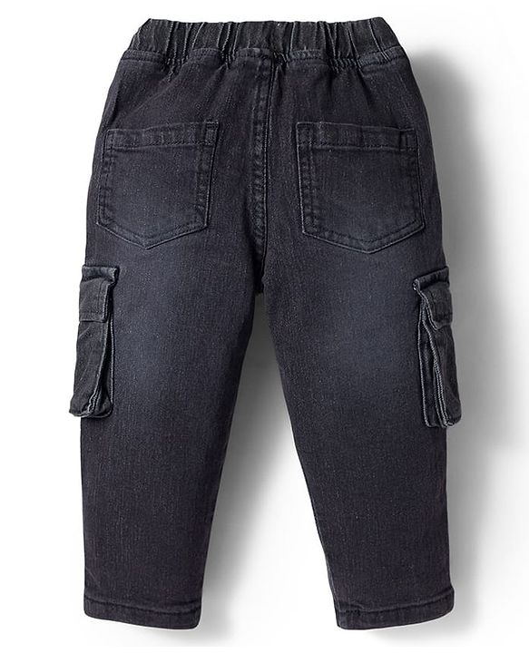Babyhug Denim Full Length Washed Jogger With Stretch & Text Embroidery - Black