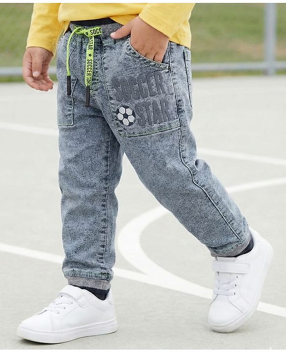 Babyhug Denim Full Length Washed Joggers With Stretch & Football Print - Light Blue