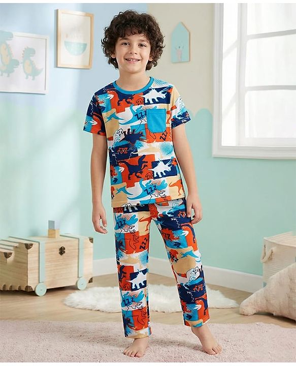 Pine Kids Single Jersey Knit Half Sleeves Co-ords Night Suit with Dino Print - White