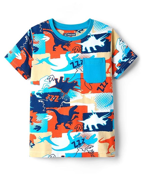 Pine Kids Single Jersey Knit Half Sleeves Co-ords Night Suit with Dino Print - White