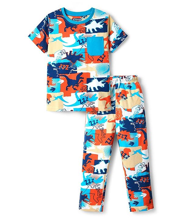 Pine Kids Single Jersey Knit Half Sleeves Co-ords Night Suit with Dino Print - White