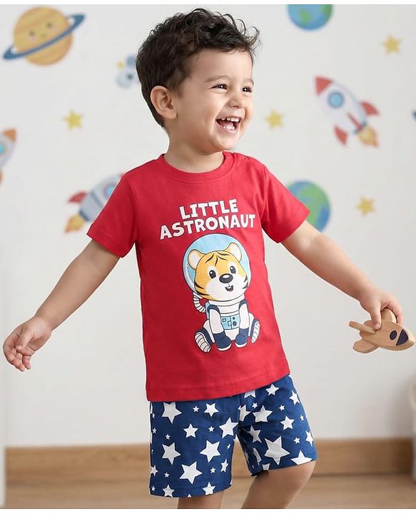 Babyhug Cotton Knit Half Sleeves Shorts Night Suit With Tiger Print - Red & Blue