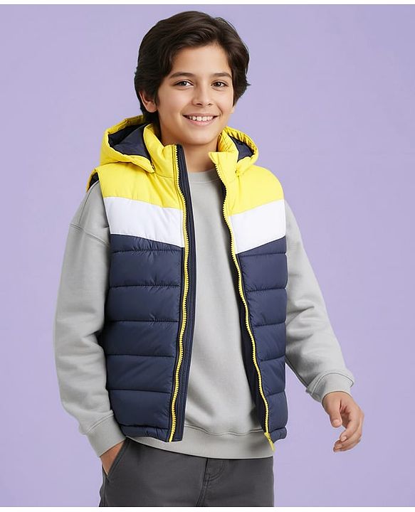 Pine Kids Woven Sleeveless Padded Hooded Jacket With Color Block Design - Navy Blue & Yellow