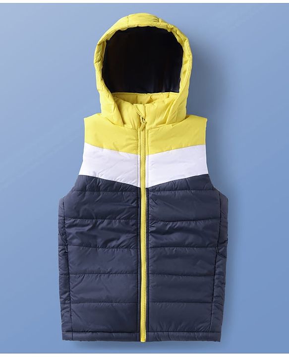 Pine Kids Woven Sleeveless Padded Hooded Jacket With Color Block Design - Navy Blue & Yellow