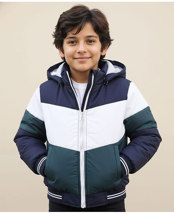 Pine Kids Woven Full Sleeves Hooded Padded Jacket With Cut & Sew Design - White