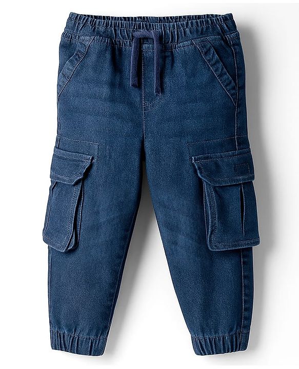 Babyhug Denim Full Length Washed Joggers With Stretch & Cargo Pockets - Blue