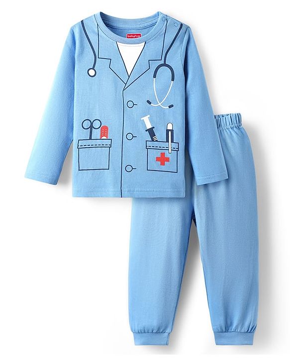 Babyhug Cotton Knit Full Sleeves Night Suit with Doctor Court Print - Blue