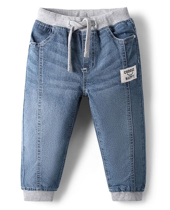 Babyhug Denim Full Length Washed Joggers With Stretch & Patch - Navy Blue