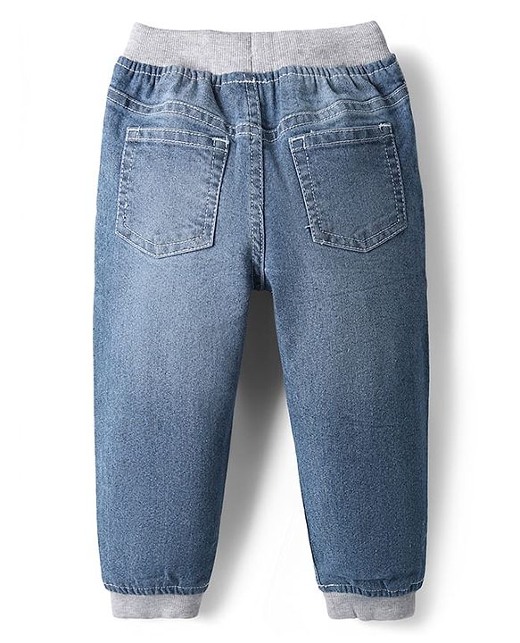 Babyhug Denim Full Length Washed Joggers With Stretch & Patch - Navy Blue