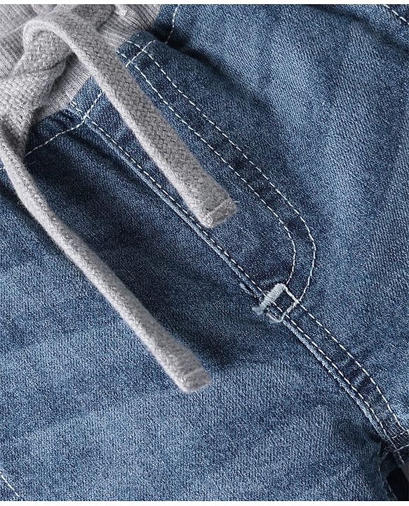 Babyhug Denim Full Length Washed Joggers With Stretch & Patch - Navy Blue
