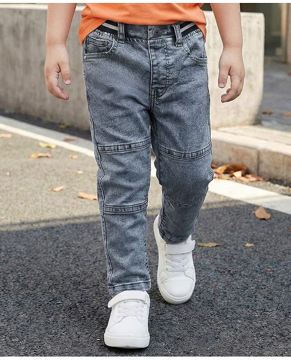 Babyhug Denim Full Length Washed Cut & Sew Jeans With Stretch - Blue