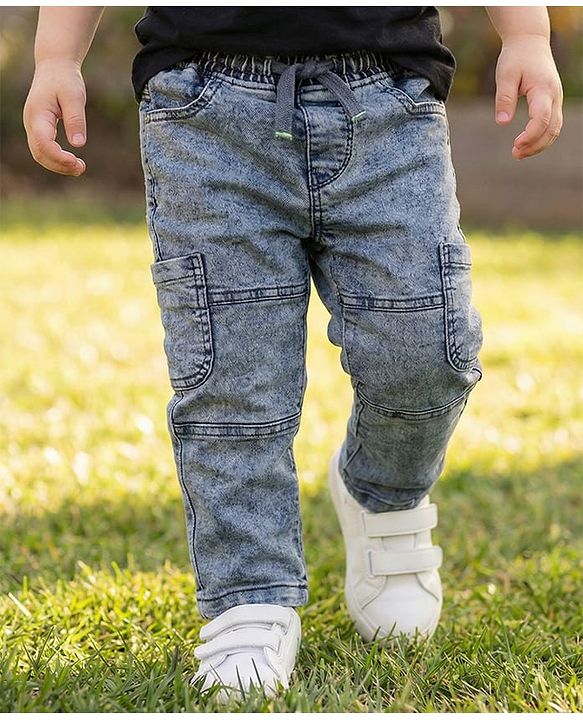 Babyhug Denim Full Length Cut & Sew Washed Jeans With Stretch - Blue